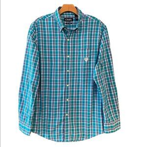 Chaps Men’s M Turquoise Plaid Pocket Long Sleeve Cotton Casual Dress Shirt